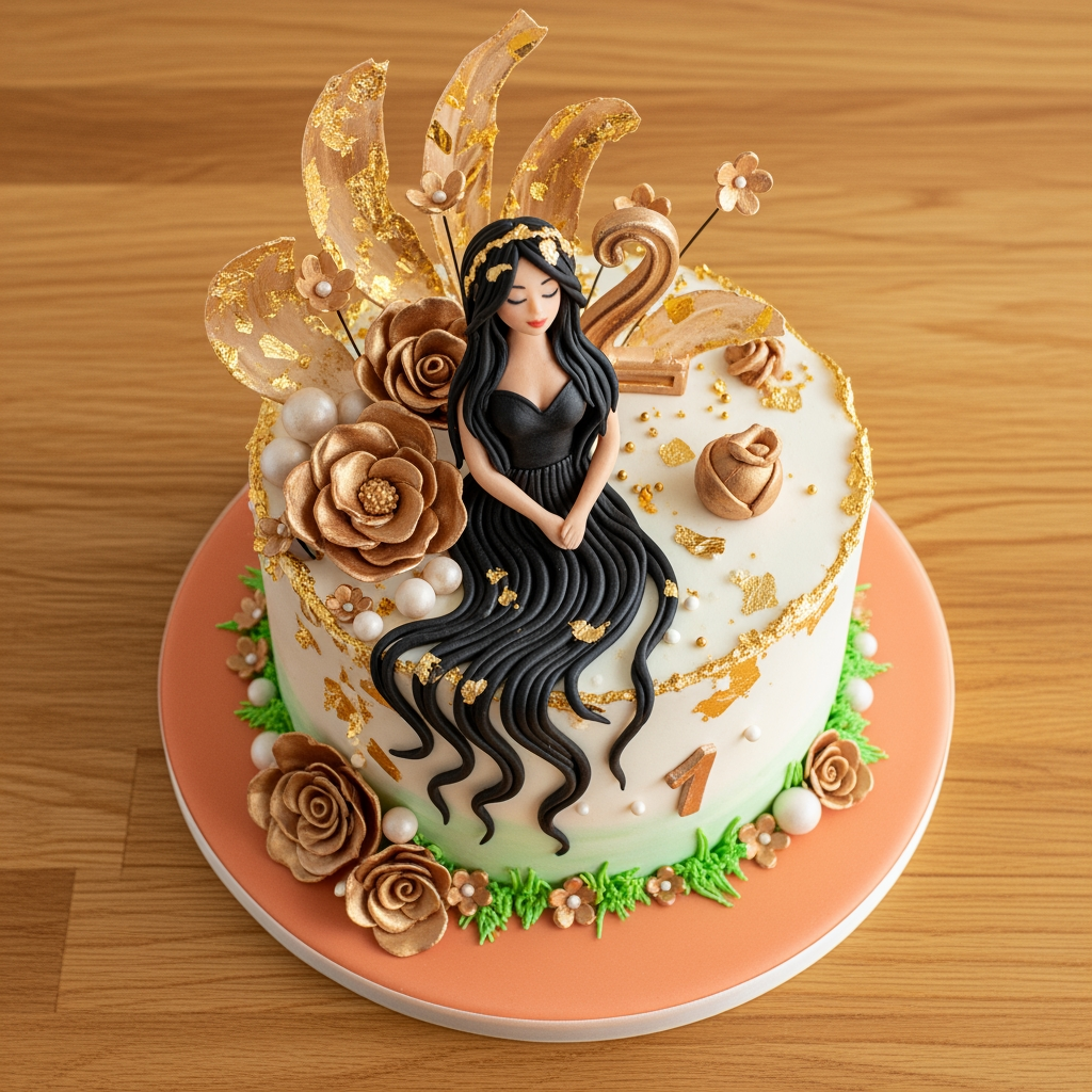 Elegant sculpted figure cake with flowing black hair, gold roses and pearls