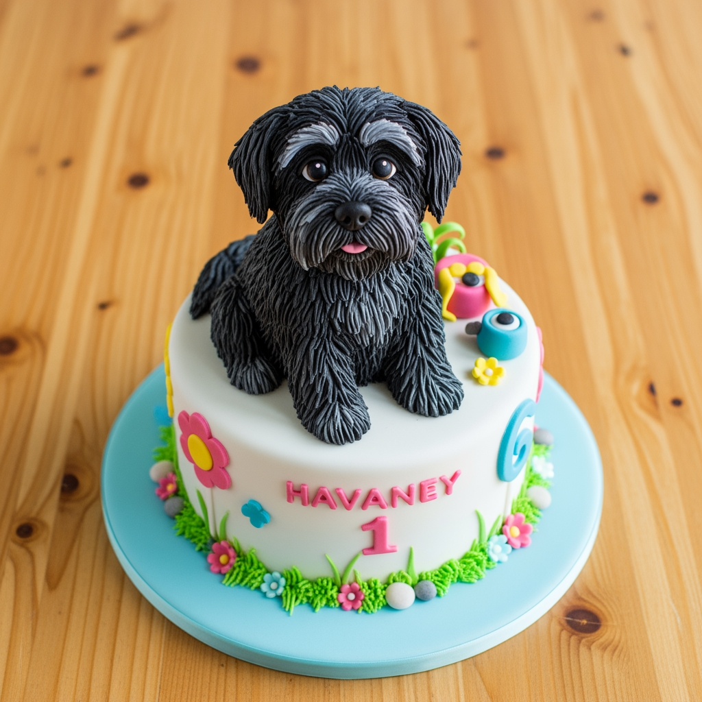 Sculpted black Havanese dog cake with pastel flowers and pastel blue board