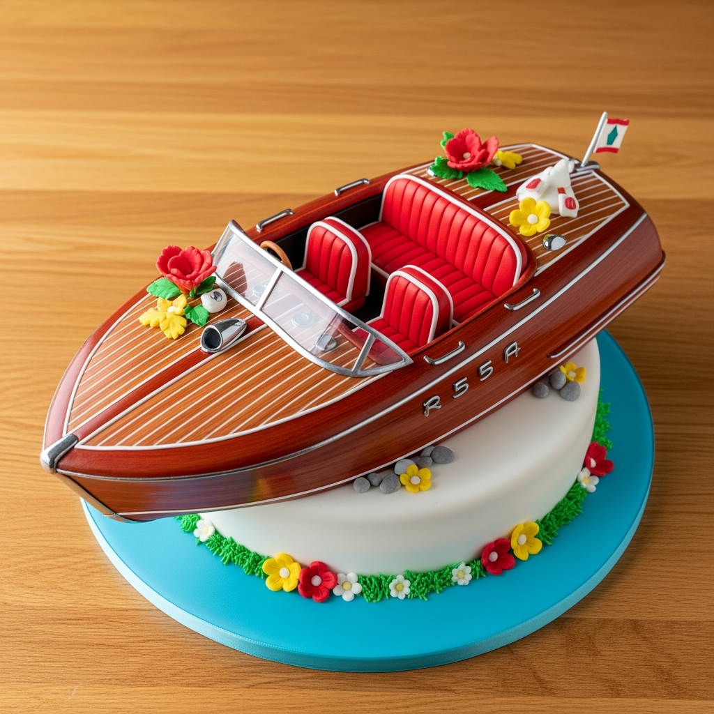 Sculpted vintage wooden speedboat cake on a blue fondant base with colorful fondant flowers