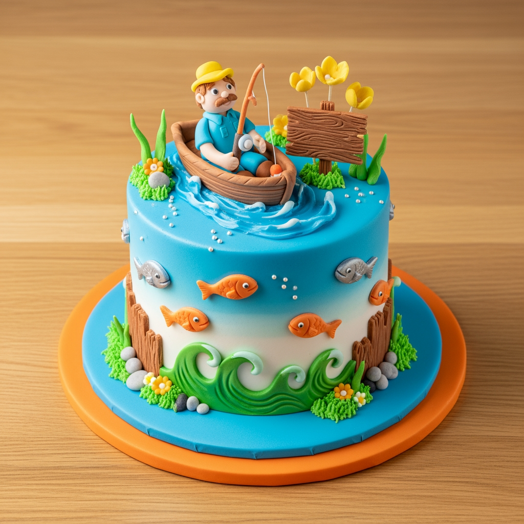 Sculpted fishing scene cake with fisherman, boat, fondant fish and water
