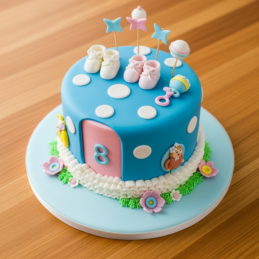 Blue baby shower cake with fondant booties, rattle, bottle and baby letter on the side