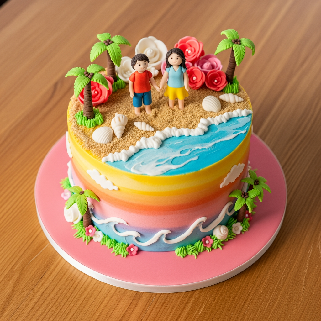 Tropical beach scene cake with two sculpted figures, palm trees and sunset gradient